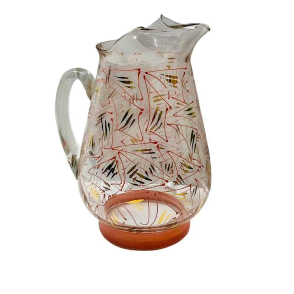 Mid-Century Modern Handpainted Glass Pitcher With Abstract Design & Red Base